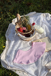 Picnic setup with basket, blanket, and books on grass