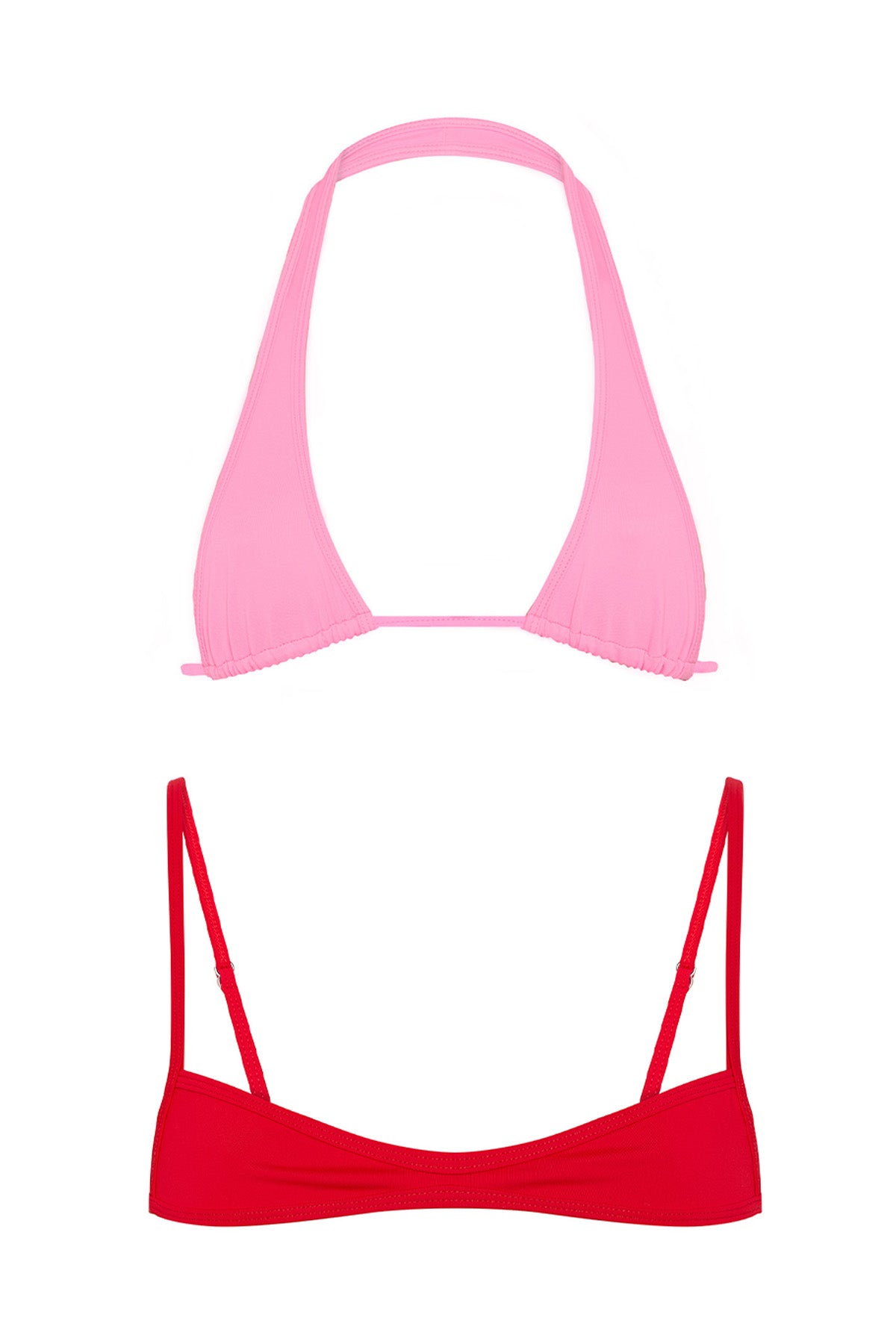 Pink and red bikini top on a white background