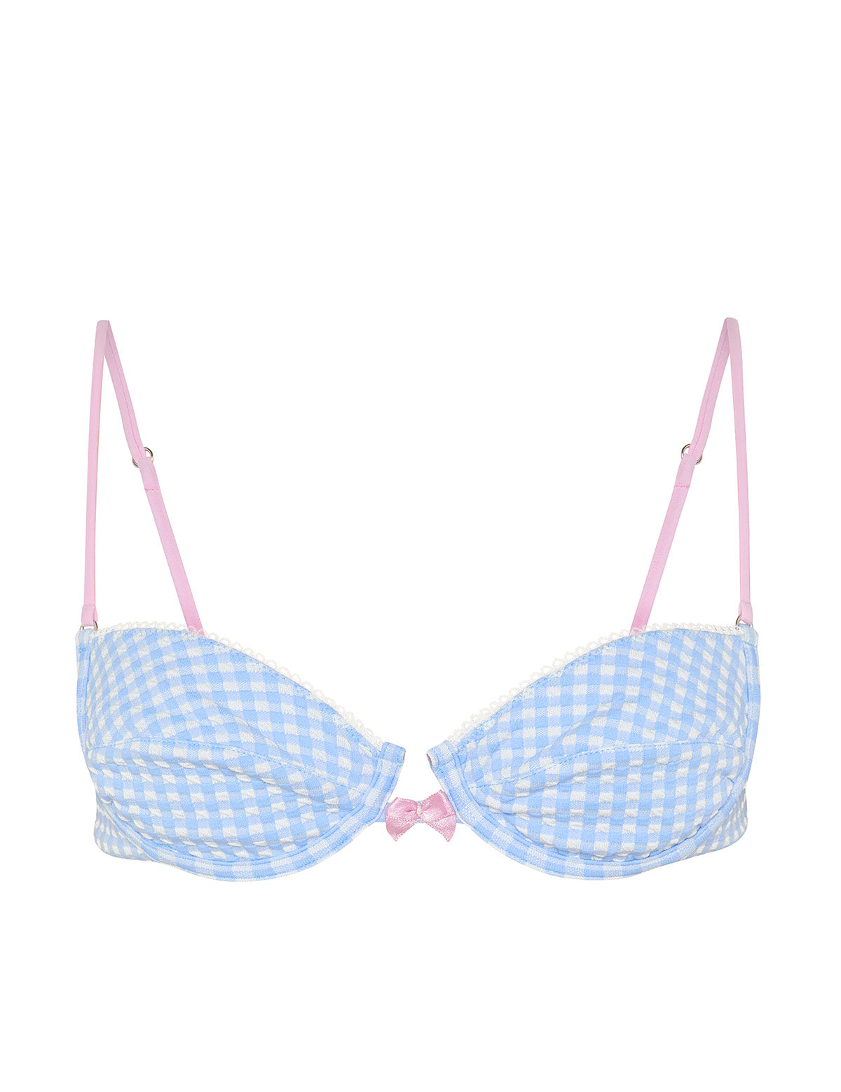 Blue and white checkered balconette bikini top with pink straps