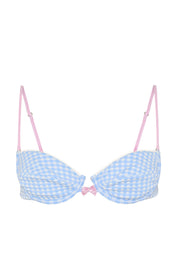 Blue and white checkered balconette bikini top with pink straps