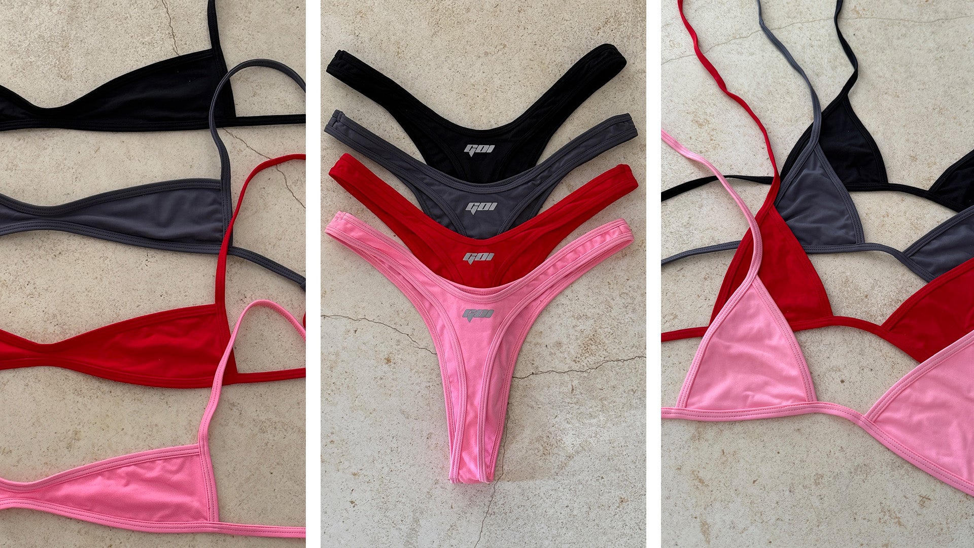 Three panels showing black, red, and pink bikini bottoms on a neutral background.