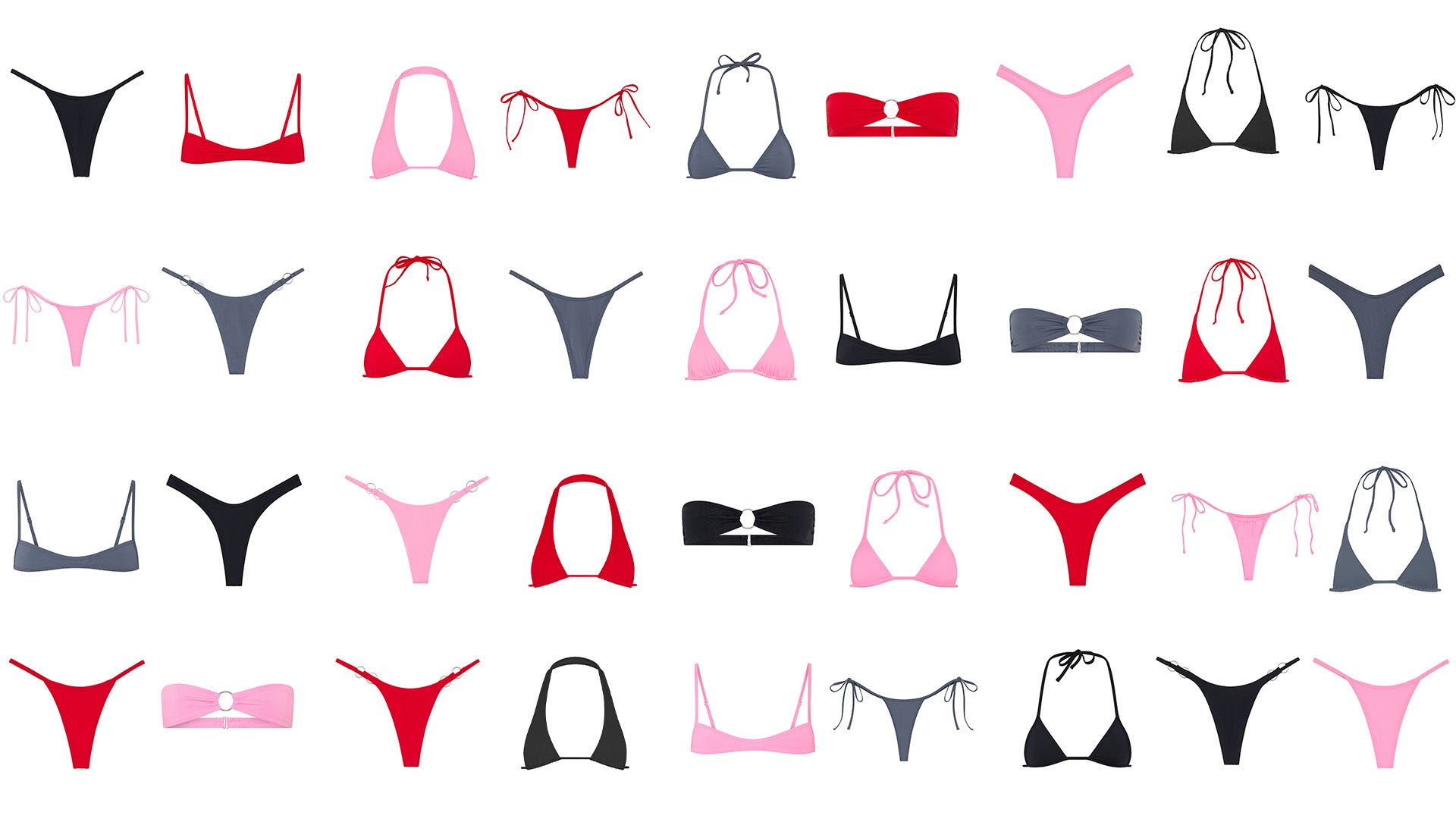 Collection of various bikini pieces on a white background