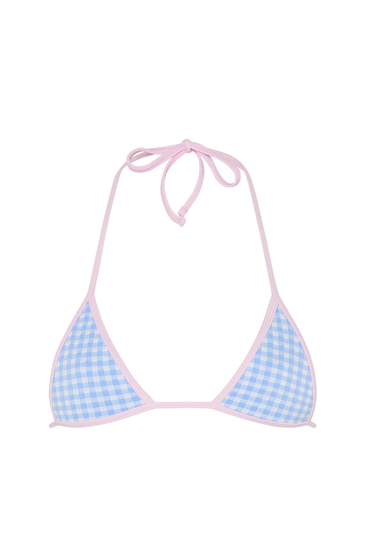 Triangular bikini top with blue and white checkered pattern 