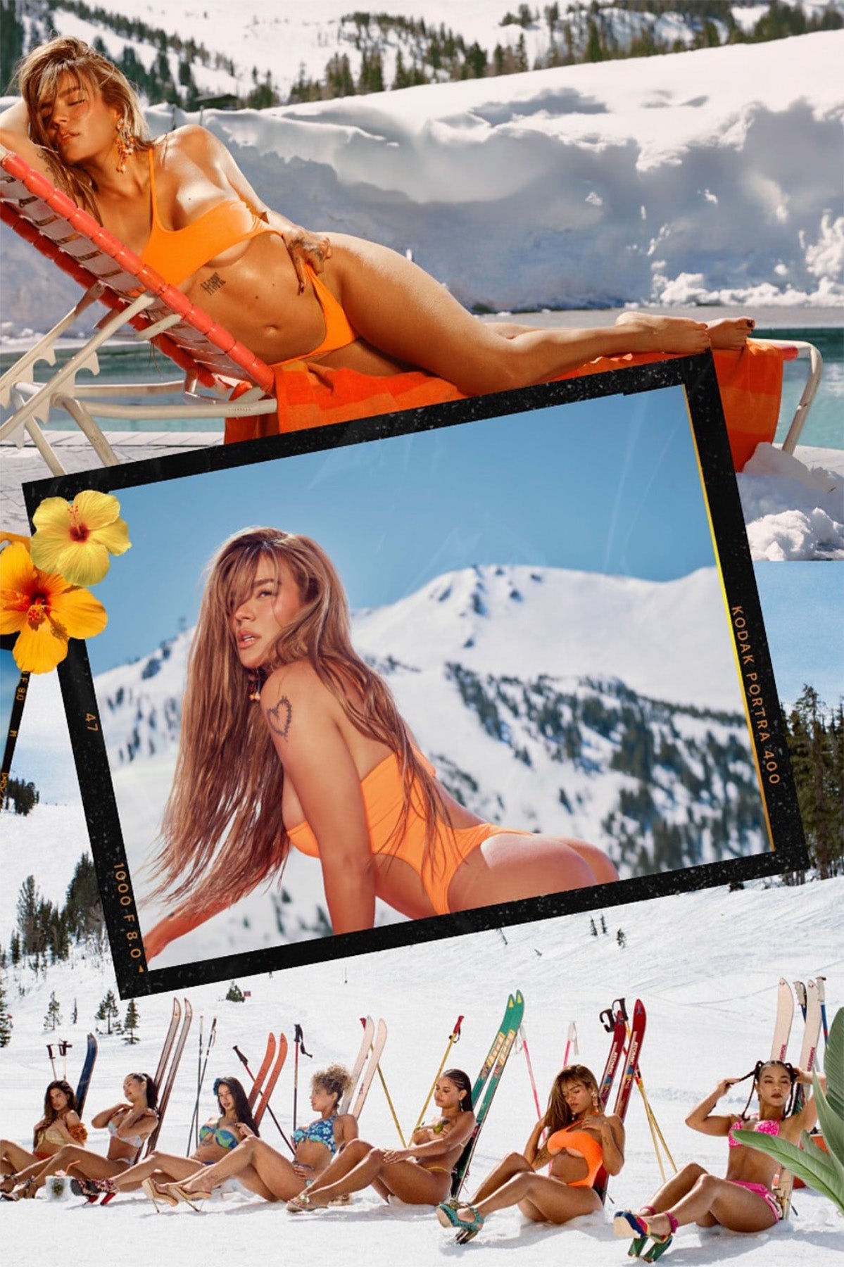 Karol G in orange swimsuit lounging on a snow-covered mountain with inset showing close-up of her face.